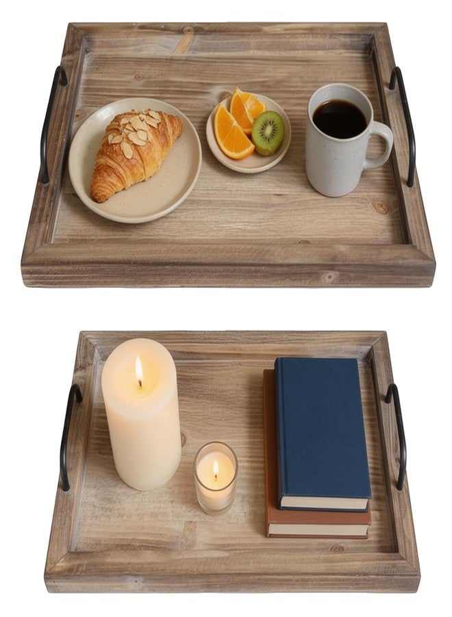 Besti Rustic Vintage Food Serving Trays (Set of 2) | Nesting Wooden Board with Metal Handles | Stylish Farmhouse Decor Serving Platters | Large: 15 x2 x11 - Small: 13 x2 x9 inches (Rustic Burnt) - Image 1