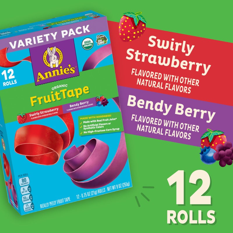 Annie's Organic Fruit Tape, Swirly Strawberry and Bendy Berry, Gluten Free, Variety Pack, 12 Rolls, 9 oz - Image 2