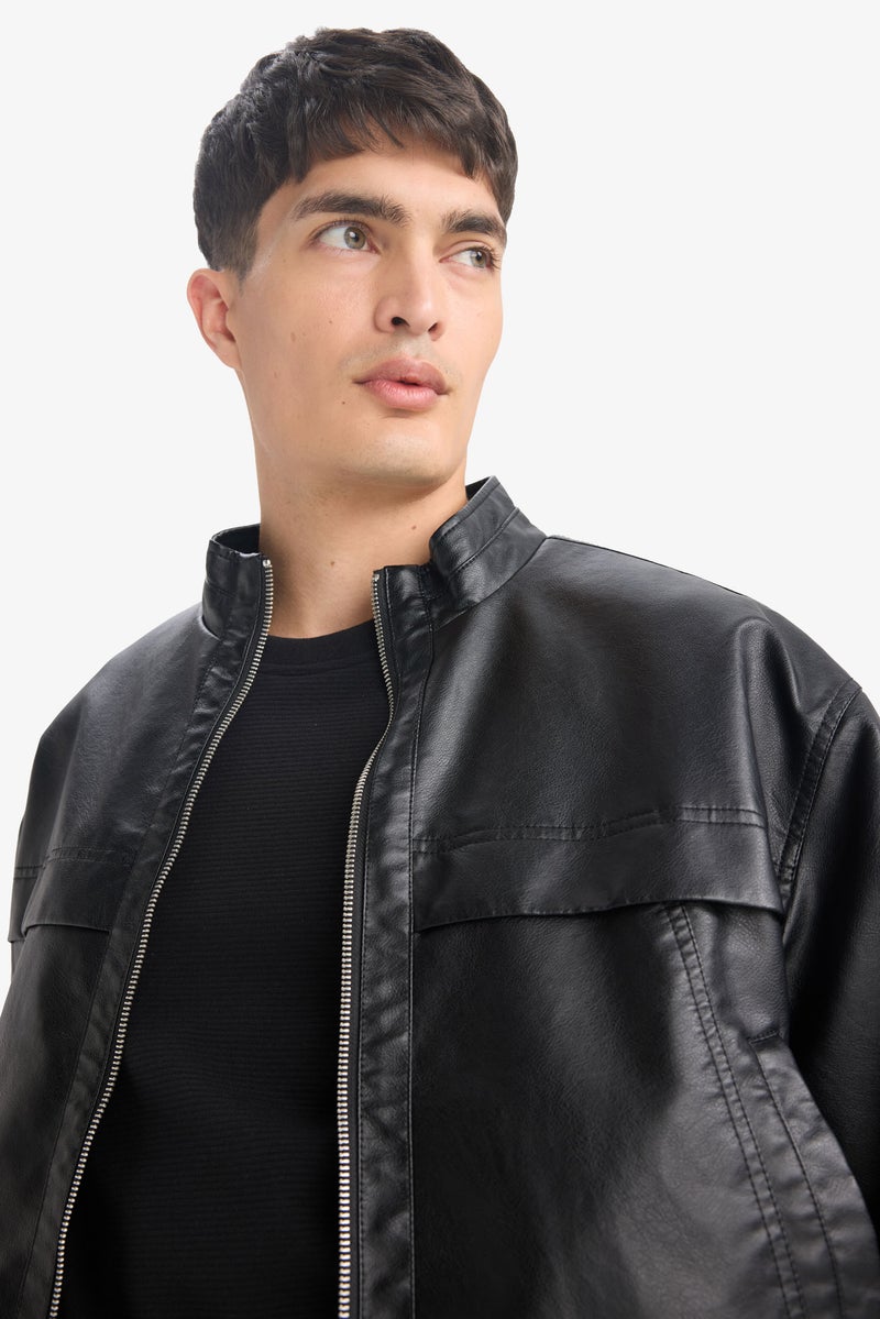 DeFacto Black Man Oversize Fit Faux Leather Jacket Casual - Image 3