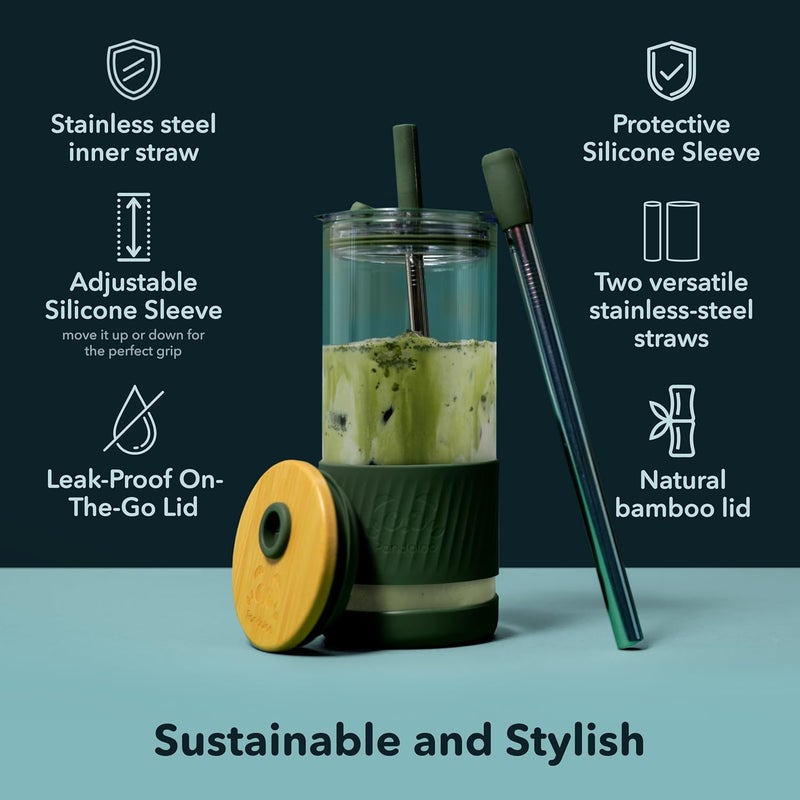 أكواب زجاجية باندالو® بأغطية وشفاطات - 20 أونصة سائلة - حجم مثالي لكوب القهوة المثلجة - كوب سموثي بغطاء من الخيزران وغطاء للسفر - كأس زجاجي (عدد 2 عبوة من 1، خوخ ناعم - رابسودي أرجواني) - Image 3