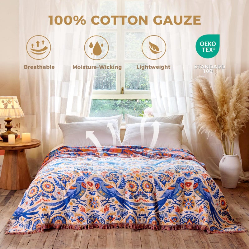 LUTBM Boho Throw Blanket for Bed Cotton Spring Blankets Twin Size for Bedroom Living Room All Season Lightweight Floral Bird Embroidery Breathable Quilt for Couch Sofa Chair 60"x80" Home Decor - Image 3