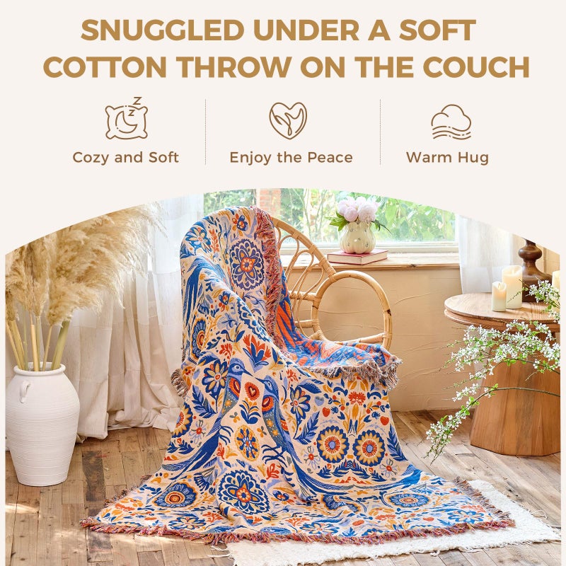 LUTBM Boho Throw Blanket for Bed Cotton Spring Blankets Twin Size for Bedroom Living Room All Season Lightweight Floral Bird Embroidery Breathable Quilt for Couch Sofa Chair 60"x80" Home Decor - Image 5
