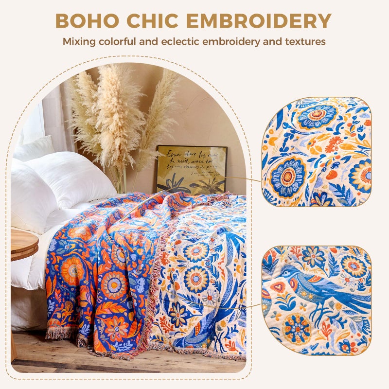 LUTBM Boho Throw Blanket for Bed Cotton Spring Blankets Twin Size for Bedroom Living Room All Season Lightweight Floral Bird Embroidery Breathable Quilt for Couch Sofa Chair 60"x80" Home Decor - Image 4