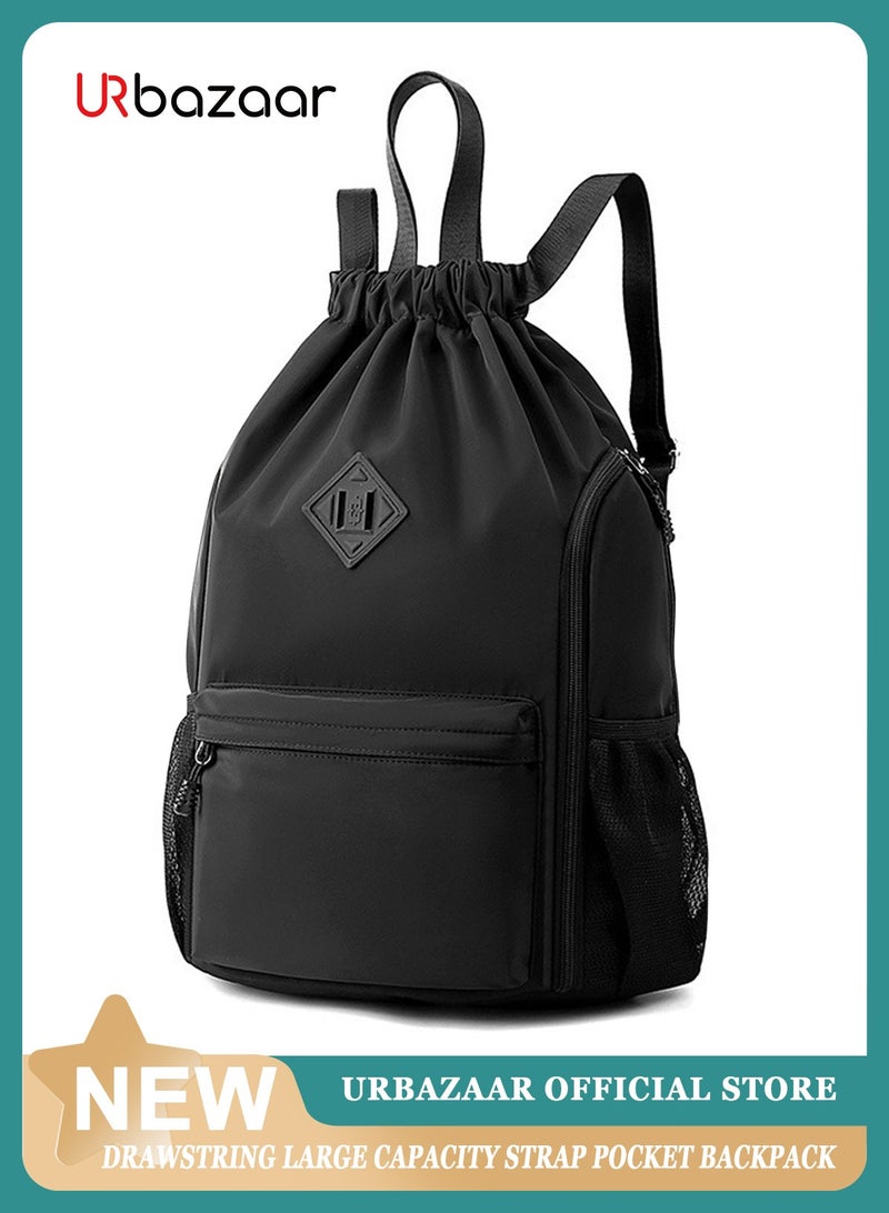 URbazaar Drawstring Backpack Sports Gym Bag, Nylon Draw Backpack Large Size with Zipper and Front Rear Pocket, Water Resistant String Sackpack for School Swimming Travel Women Men - Image 1