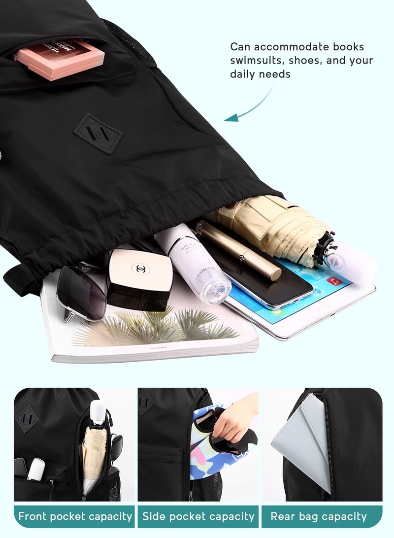 URbazaar Drawstring Backpack Sports Gym Bag, Nylon Draw Backpack Large Size with Zipper and Front Rear Pocket, Water Resistant String Sackpack for School Swimming Travel Women Men - Image 5