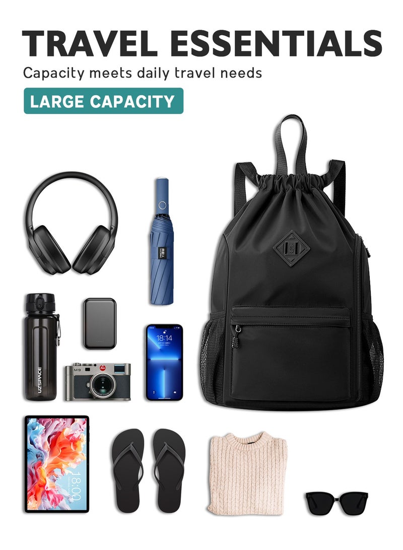 URbazaar Drawstring Backpack Sports Gym Bag, Nylon Draw Backpack Large Size with Zipper and Front Rear Pocket, Water Resistant String Sackpack for School Swimming Travel Women Men - Image 2