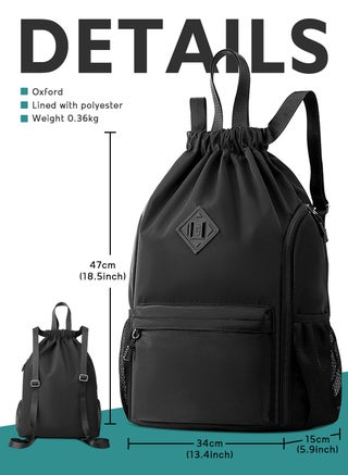 Drawstring Backpack Sports Gym Bag, Nylon Draw Backpack Large Size with Zipper and Front Rear Pocket, Water Resistant String Sackpack for School Swimming Travel Women Men - view 3