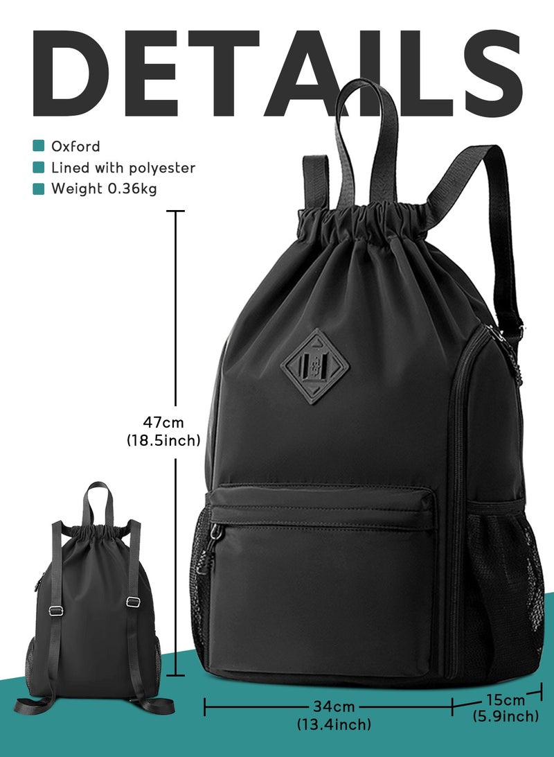 URbazaar Drawstring Backpack Sports Gym Bag, Nylon Draw Backpack Large Size with Zipper and Front Rear Pocket, Water Resistant String Sackpack for School Swimming Travel Women Men - Image 3