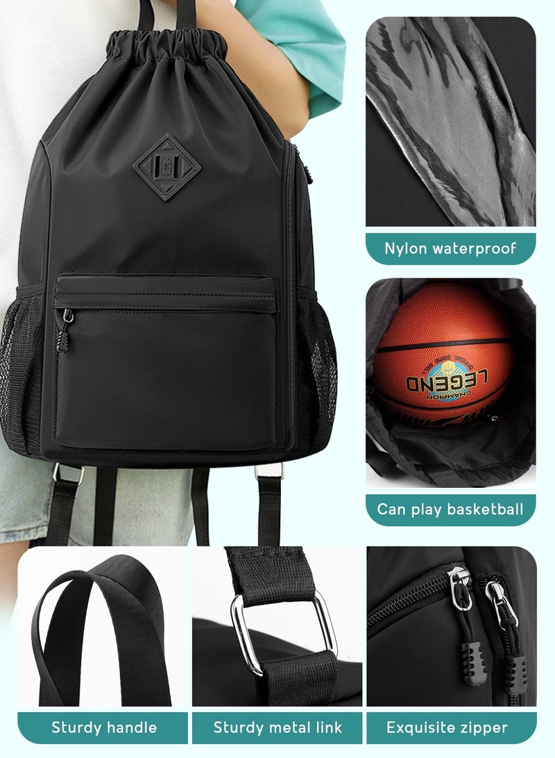 URbazaar Drawstring Backpack Sports Gym Bag, Nylon Draw Backpack Large Size with Zipper and Front Rear Pocket, Water Resistant String Sackpack for School Swimming Travel Women Men - Image 4