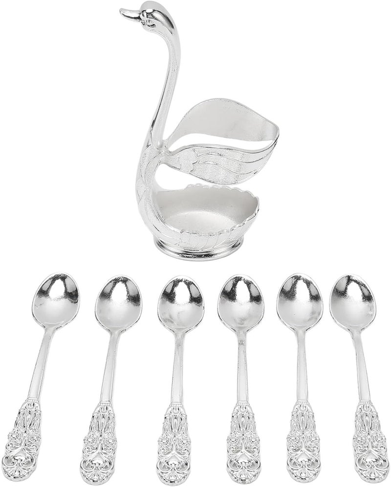 Dessert Spoon Set, 6Pcs Silver Metal Coffee Tea Spoons with Stand, for Restaurants and Cafes, Ideal for Kitchen Decor - Image 1