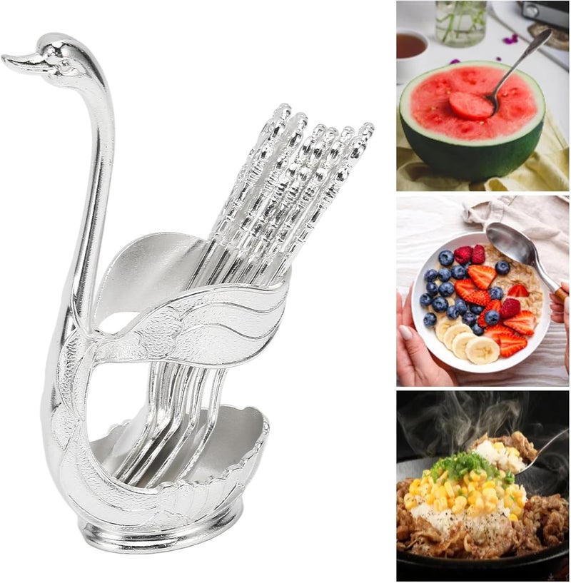 Dessert Spoon Set, 6Pcs Silver Metal Coffee Tea Spoons with Stand, for Restaurants and Cafes, Ideal for Kitchen Decor - Image 2