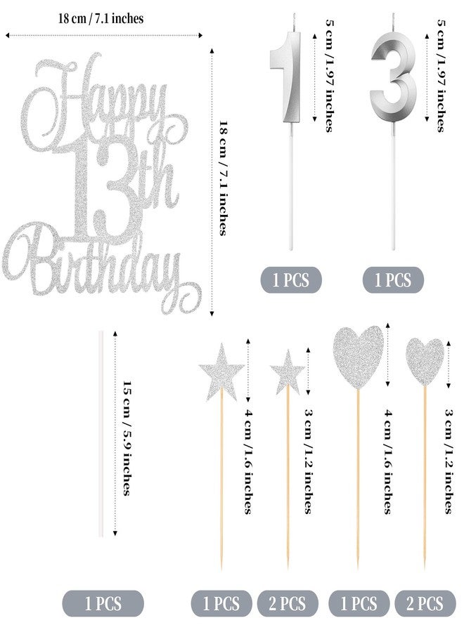 Lecferrarc 13th Birthday Cake Decorations, 13th Birthday Candles Cake Numeral Candles and Glitter Happy 13th Birthday Cake Toppers Set for Birthday Party Supplies (Silver) - Image 2