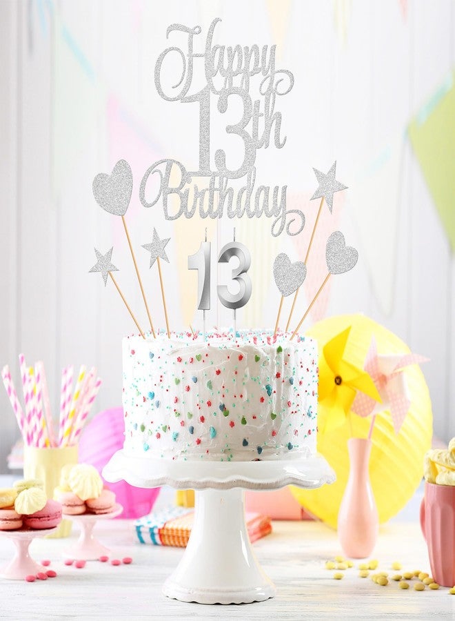 Lecferrarc 13th Birthday Cake Decorations, 13th Birthday Candles Cake Numeral Candles and Glitter Happy 13th Birthday Cake Toppers Set for Birthday Party Supplies (Silver) - Image 4