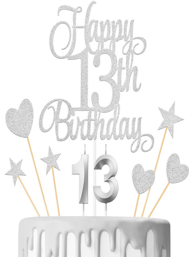 Lecferrarc 13th Birthday Cake Decorations, 13th Birthday Candles Cake Numeral Candles and Glitter Happy 13th Birthday Cake Toppers Set for Birthday Party Supplies (Silver) - Image 1
