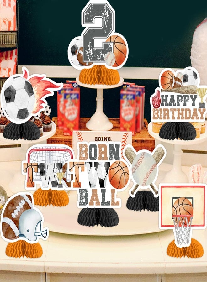Funmemoir ديكورات عيد الميلاد الثاني من Funmemoir Sport - 8 قطع من قطع مركزية على شكل قرص العسل على شكل كرتين من Born Two، ديكورات حفلات عيد ميلاد على شكل كرة سلة وبيسبول وكرة قدم ورجبي وكرة قدم للأولاد - Image 3
