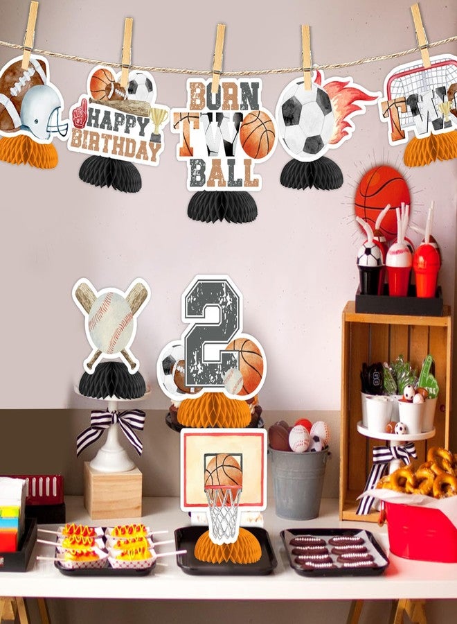 Funmemoir ديكورات عيد الميلاد الثاني من Funmemoir Sport - 8 قطع من قطع مركزية على شكل قرص العسل على شكل كرتين من Born Two، ديكورات حفلات عيد ميلاد على شكل كرة سلة وبيسبول وكرة قدم ورجبي وكرة قدم للأولاد - Image 2