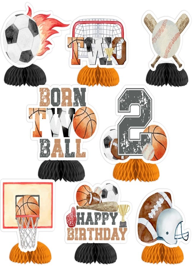 Funmemoir ديكورات عيد الميلاد الثاني من Funmemoir Sport - 8 قطع من قطع مركزية على شكل قرص العسل على شكل كرتين من Born Two، ديكورات حفلات عيد ميلاد على شكل كرة سلة وبيسبول وكرة قدم ورجبي وكرة قدم للأولاد - Image 1