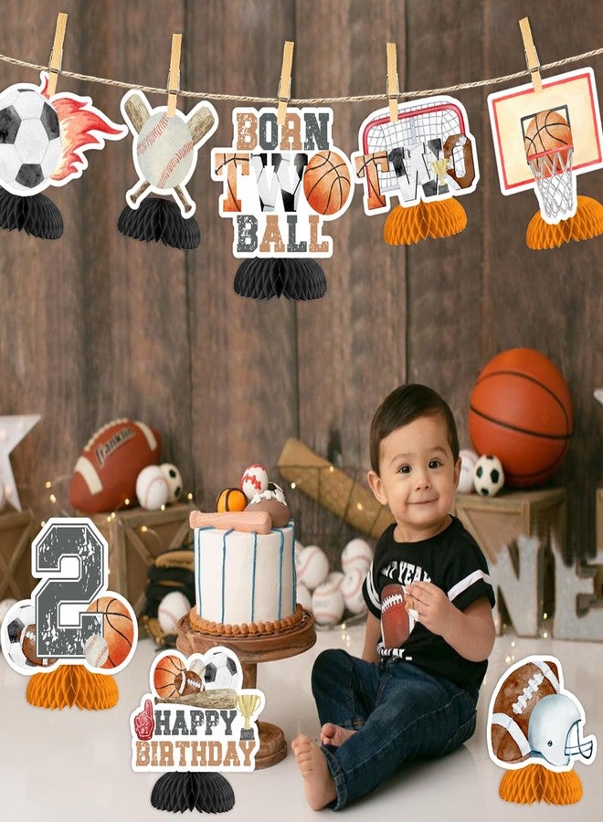 Funmemoir ديكورات عيد الميلاد الثاني من Funmemoir Sport - 8 قطع من قطع مركزية على شكل قرص العسل على شكل كرتين من Born Two، ديكورات حفلات عيد ميلاد على شكل كرة سلة وبيسبول وكرة قدم ورجبي وكرة قدم للأولاد - Image 4