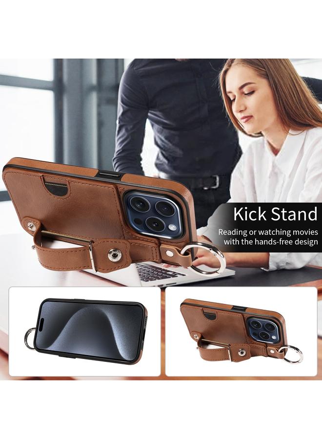 S-TOP Case For iPhone 15 Pro Max Calf Texture Wrist Card Slot Ring Phone Case - Image 4