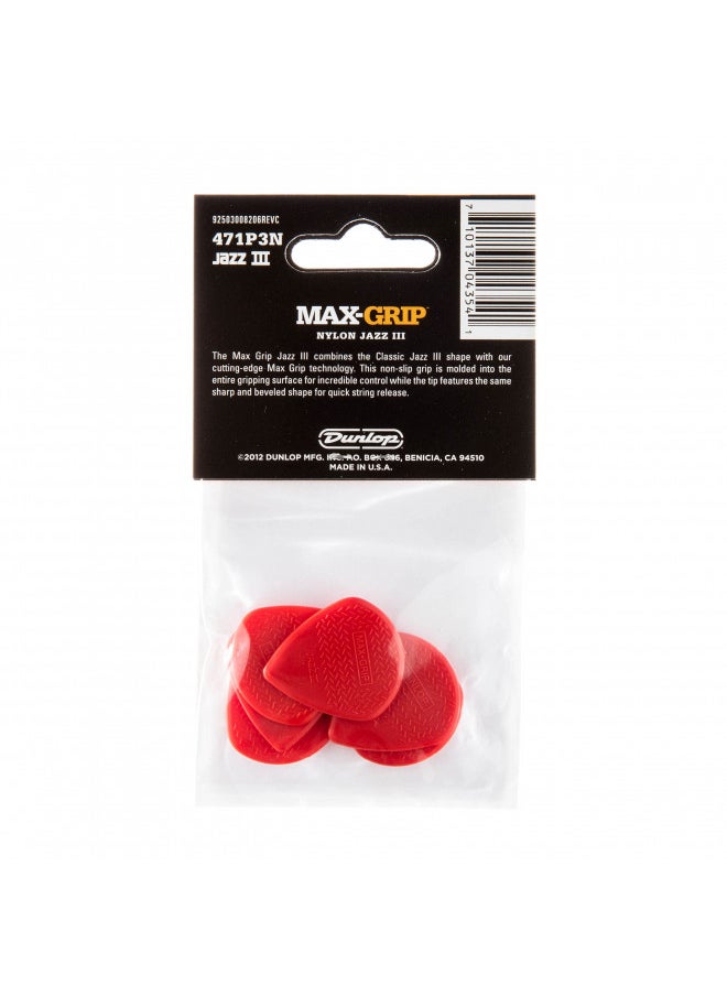 JIM DUNLOP JIM DUNLOP 471P3N Max Grip Jazz III Nylon Guitar Picks, Red, 6-Pack  - Image 2