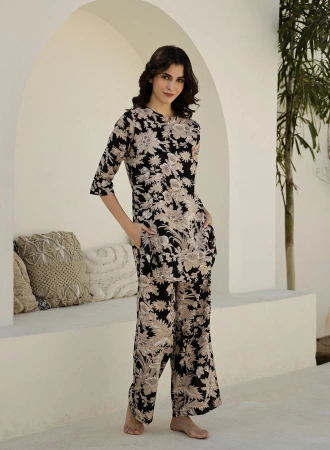 Sanskrutihomes  Black All Over Print Top and Wide Leg Pyjama Set for Women | Best Price UAE