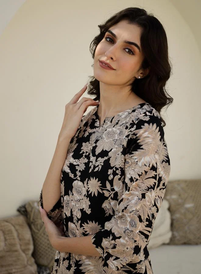 Sanskrutihomes  Black All Over Print Top and Wide Leg Pyjama Set for Women | Best Price UAE