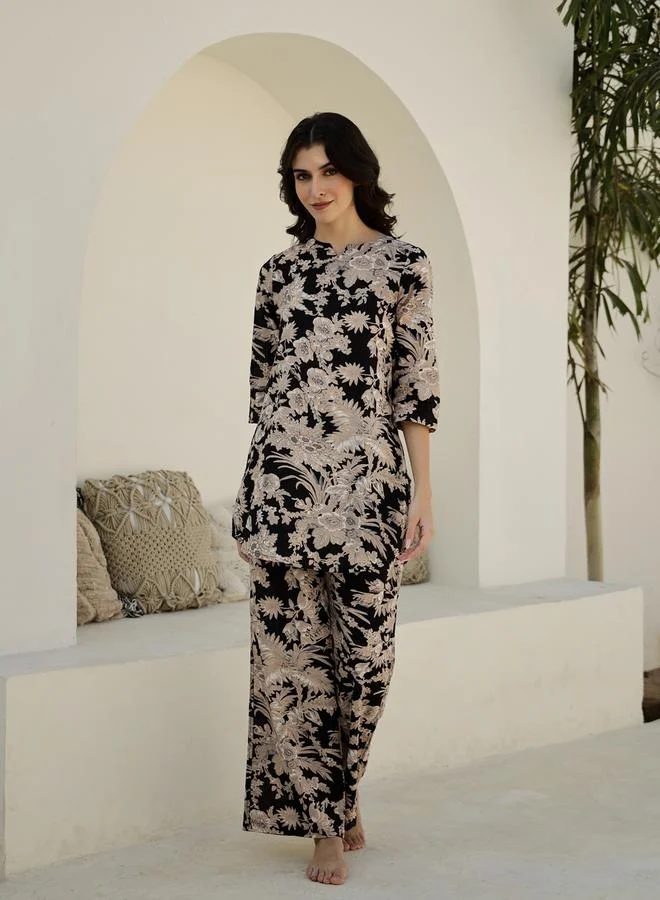 sanskrutihomes Black All Over Print Top and Wide Leg Pyjama Set