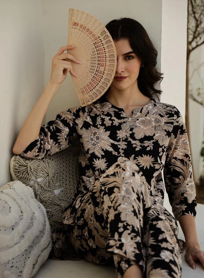 Sanskrutihomes  Black All Over Print Top and Wide Leg Pyjama Set for Women | Best Price UAE