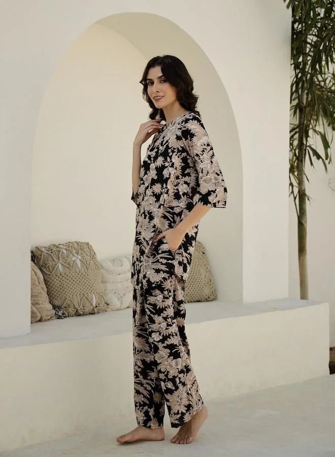 Sanskrutihomes  Black All Over Print Top and Wide Leg Pyjama Set for Women | Best Price UAE