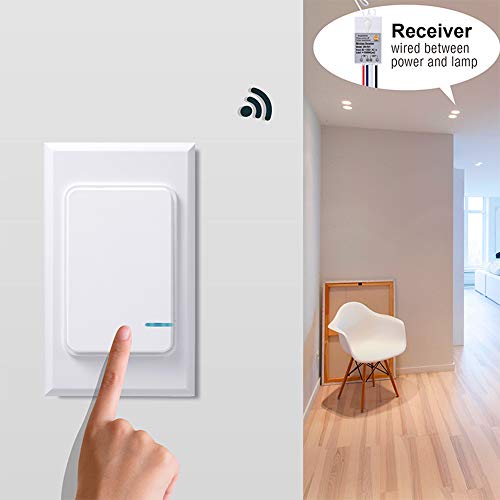 Thinkbee Wireless Light Switch and Receiver Kit, Mini Remote Control Switch with Wall Plate for Ceiling Lights, Lamps, Lighting Fixture, No Wiring No WiFi Needed, Outdoor 1969ft Indoor 328ft RF Range - Image 2