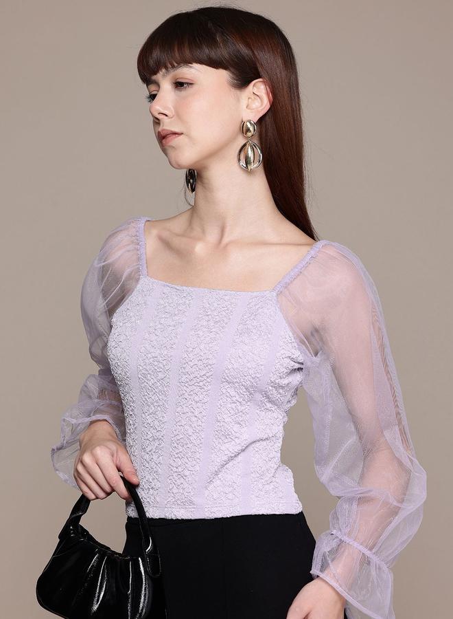 مرفوعة بلوزة بنسيج محبوك وأكمام شبكية - Image 1