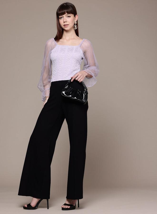 مرفوعة بلوزة بنسيج محبوك وأكمام شبكية - Image 4