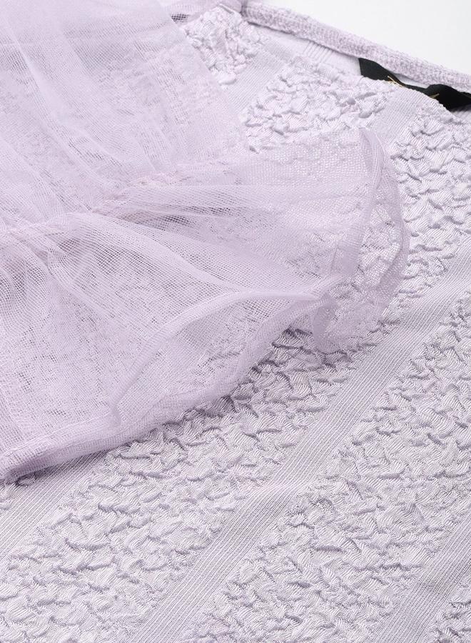 مرفوعة بلوزة بنسيج محبوك وأكمام شبكية - Image 2