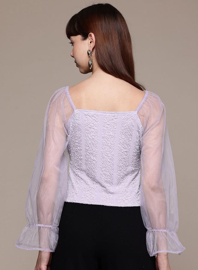 مرفوعة بلوزة بنسيج محبوك وأكمام شبكية - Image 5