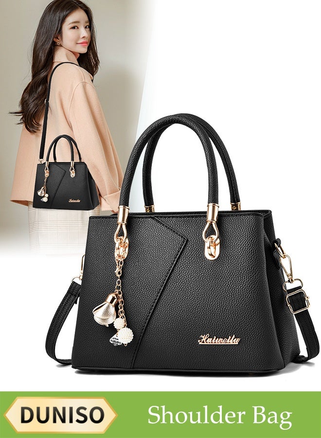 DUNISO Women's Shoulder Bag, Soft Leather Messenger Bag, Simple And Fashionable Handbag, Geometric Bag With Flower Pendant, Adjustable Shoulder Strap, Suitable For Commuting, Travel, Shopping, Storage And Organization - Image 1