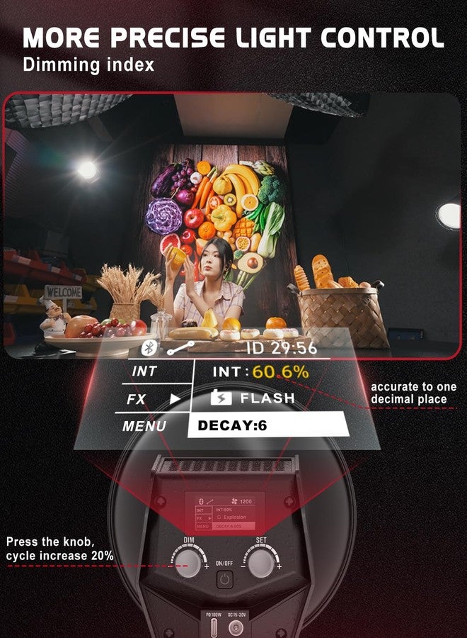 IFOOTAGE 60W LED Light Monolights,Continous Lighting,8 Special Lighting Effects,CRI98 3000 to 12200LUX,Rf 97/100,APP/Button Control(Carry Bag - Image 5