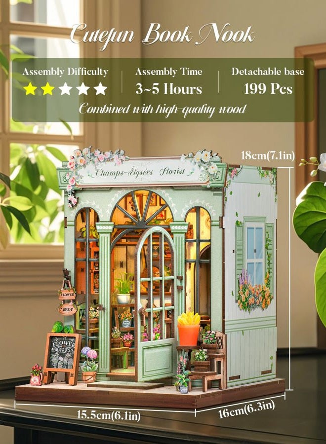 Cutefun Book Nook Kit - DIY Miniature Dollhouse Kit for Adults and Teens, French Flower Shop Mini House Building Kit with LED, 3D Wooden Puzzle for Beginner Creative Gifts (Champs-Élysées Florist) - Image 2