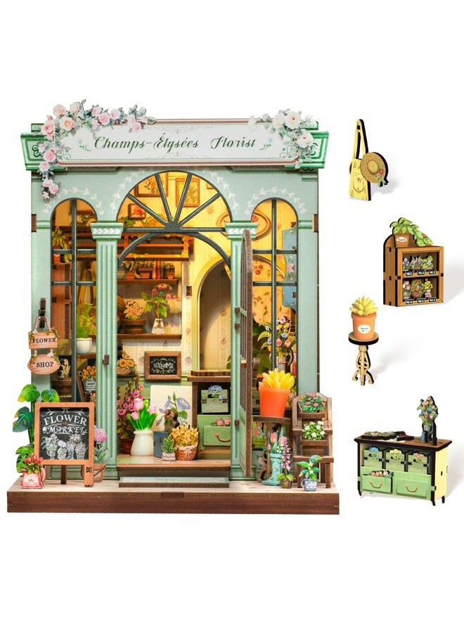 Cutefun Book Nook Kit - DIY Miniature Dollhouse Kit for Adults and Teens, French Flower Shop Mini House Building Kit with LED, 3D Wooden Puzzle for Beginner Creative Gifts (Champs-Élysées Florist) - Image 1