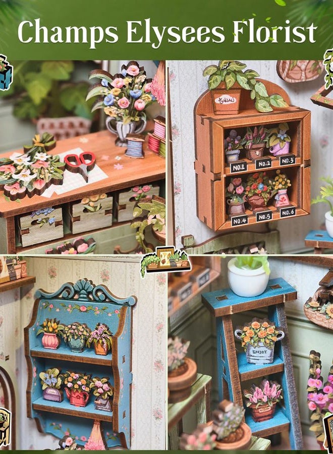 Cutefun Book Nook Kit - DIY Miniature Dollhouse Kit for Adults and Teens, French Flower Shop Mini House Building Kit with LED, 3D Wooden Puzzle for Beginner Creative Gifts (Champs-Élysées Florist) - Image 5
