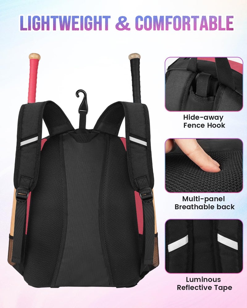MATEIN Softball Bag for Girls, Girls Baseball Backpack, Baseball Equipment Bags Fit T-Ball Bat & Helmet, Sports Backpack with Fence Hook & Shoe Compartment, Softball Gifts for Youth, Pink - Image 5