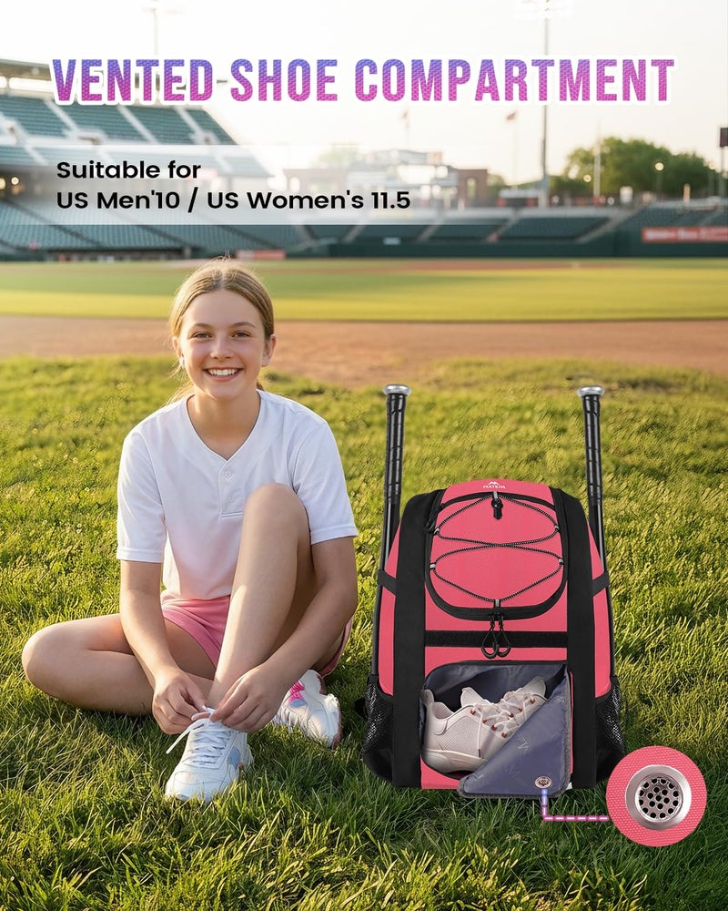 MATEIN Softball Bag for Girls, Girls Baseball Backpack, Baseball Equipment Bags Fit T-Ball Bat & Helmet, Sports Backpack with Fence Hook & Shoe Compartment, Softball Gifts for Youth, Pink - Image 3