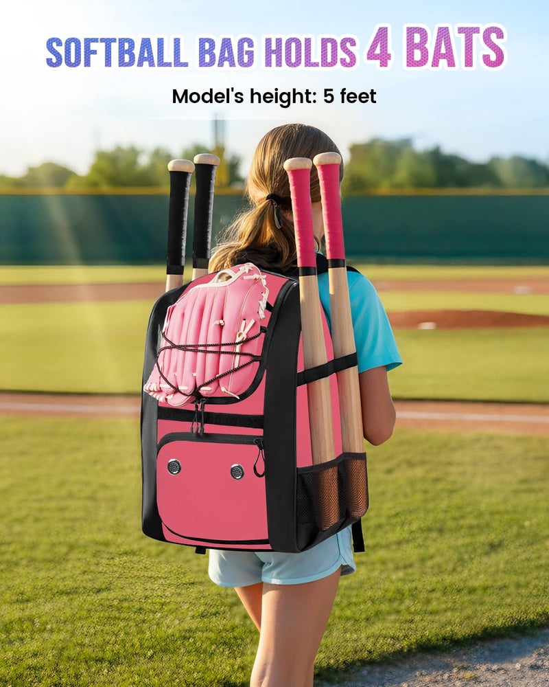 MATEIN Softball Bag for Girls, Girls Baseball Backpack, Baseball Equipment Bags Fit T-Ball Bat & Helmet, Sports Backpack with Fence Hook & Shoe Compartment, Softball Gifts for Youth, Pink - Image 2