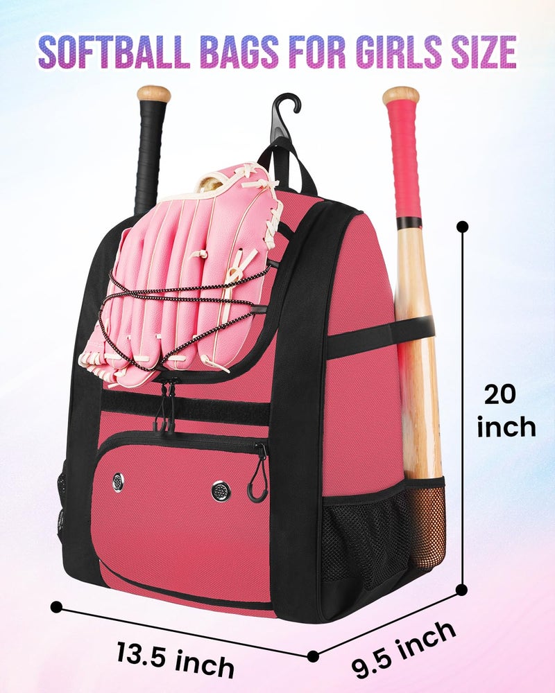 MATEIN Softball Bag for Girls, Girls Baseball Backpack, Baseball Equipment Bags Fit T-Ball Bat & Helmet, Sports Backpack with Fence Hook & Shoe Compartment, Softball Gifts for Youth, Pink - Image 4