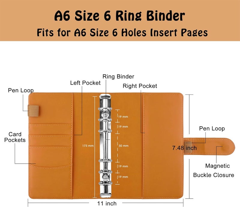 Antner A6 PU Leather Refillable 6 Ring Notebook Binder for A6 Filler Paper, Loose Leaf Personal Planner Binder Cover with Magnetic Buckle for Budget, Dark Yellow - Image 2