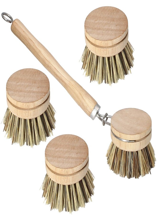 HARSKIYER Wooden Dish Brush Set, 4 Natural Bristle Replacement Heads with 1 Sturdy Wooden Handle, Palm Kitchen Scrub Brush for Pots, Pans, Vegetables and Cookware - Image 1
