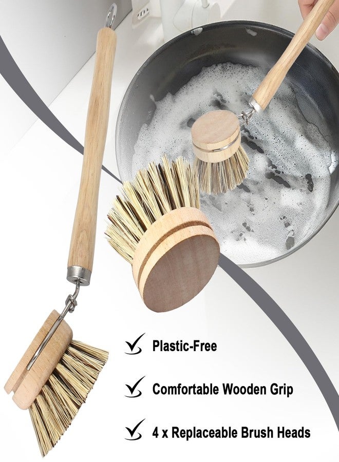 HARSKIYER Wooden Dish Brush Set, 4 Natural Bristle Replacement Heads with 1 Sturdy Wooden Handle, Palm Kitchen Scrub Brush for Pots, Pans, Vegetables and Cookware - Image 3
