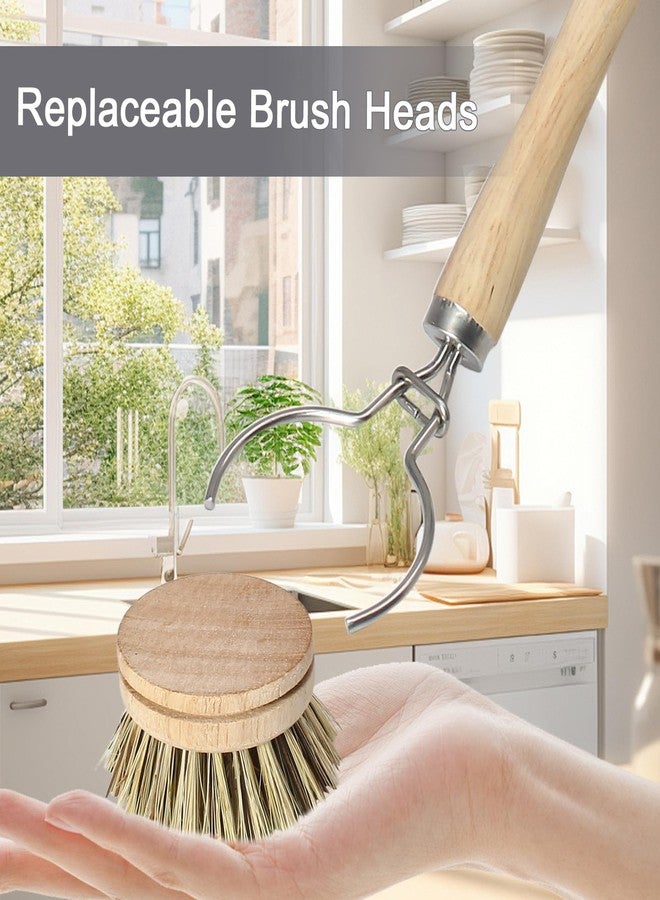 HARSKIYER Wooden Dish Brush Set, 4 Natural Bristle Replacement Heads with 1 Sturdy Wooden Handle, Palm Kitchen Scrub Brush for Pots, Pans, Vegetables and Cookware - Image 5
