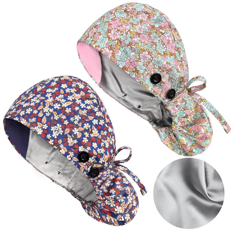 Yuest 2 Pack Satin Lined Scrub Caps with Buttons & Sweathand, Surgical Caps for Women - Image 1