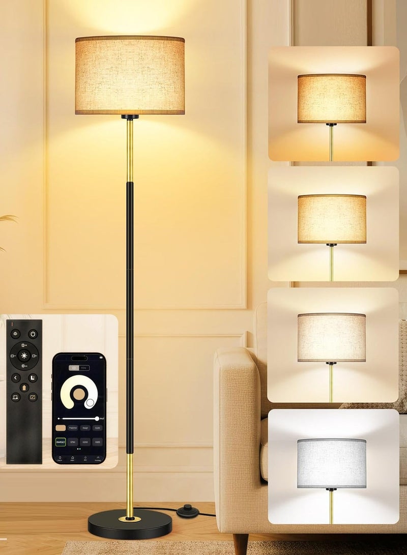 OUTON Modern Floor Lamp with Remote & APP Control, 9W Bulb Include,Dimmable & 3000K-6500K Adjustable Color Temperature, Memory function, Standing Lamp with Linen Shade for Living room, Bedroom, Office (Black and Gold) - Image 1