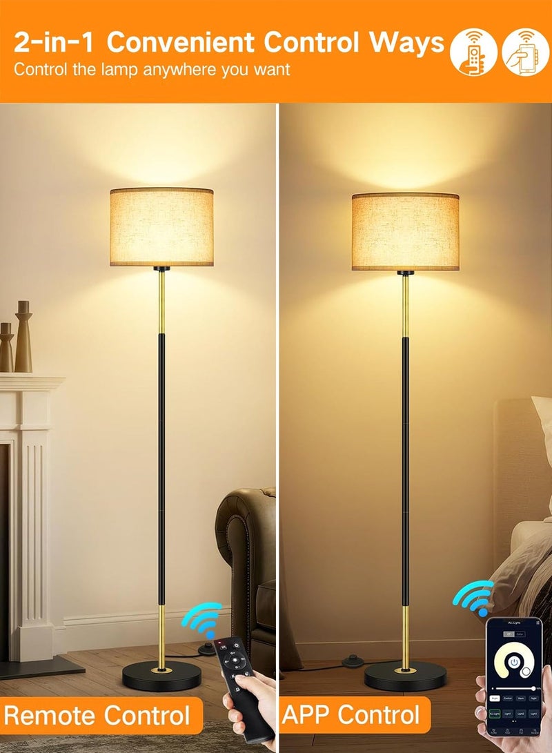 OUTON Modern Floor Lamp with Remote & APP Control, 9W Bulb Include,Dimmable & 3000K-6500K Adjustable Color Temperature, Memory function, Standing Lamp with Linen Shade for Living room, Bedroom, Office (Black and Gold) - Image 3